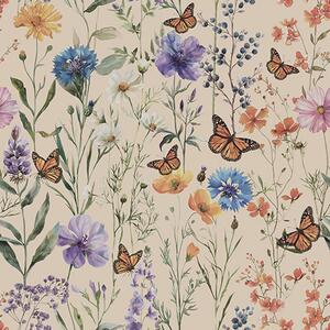 Carta da parati Fiori di campo e farfalle in un morbido stile acquerello, Parati fiori e piante classici, a00389 : Uwalls.it