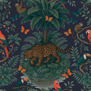 Carta da parati Giungla tropicale con leopardi, leopardi, pappagalli e farfalle, Parati foresta classici, a00388 : Uwalls.it