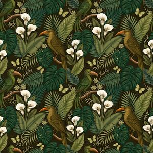 Carta da parati Uccelli tropicali e vegetazione lussureggiante su sfondo scuro della giungla, Parati fiori e piante classici, a00397 : Uwalls.it