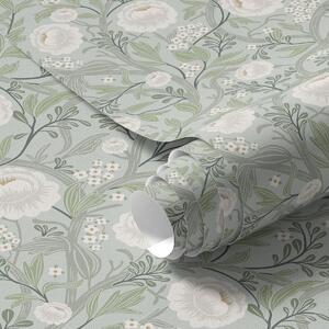 Carta da parati Delicate foglie verdi e fiori color crema con foglie verdi e fiori color crema, Parati fiori e piante classici, a00398 : Uwalls.it