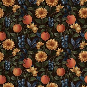 Carta da parati Frutti e fiori gialli su sfondo botanico scuro, Parati fiori e piante classici, a00395 : Uwalls.it