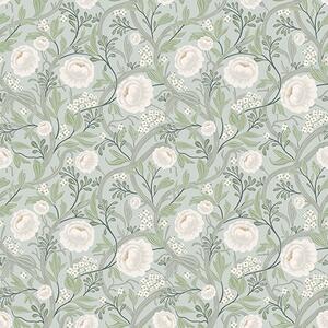 Carta da parati Delicate foglie verdi e fiori color crema con foglie verdi e fiori color crema, Parati fiori e piante classici, a00398 : Uwalls.it