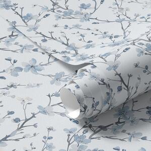 Carta da parati Fiori di ciliegio blu su sfondo bianco con contrasto morbido, Parati fiori e piante classici, a00399 : Uwalls.it