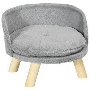 PawHut Divano per Cani Rotondo in Tessuto di Peluche e Legno con Cuscino Extra, Ø40.5x33 cm, Grigio e color Legno