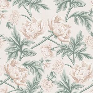 Carta da parati Peonie lussureggianti in beige chiaro e verde beige e verde, Parati fiori e piante classici, a00445 : Uwalls.it