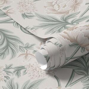 Carta da parati Peonie lussureggianti in beige chiaro e verde beige e verde, Parati fiori e piante classici, a00445 : Uwalls.it