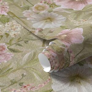 Carta da parati Romantici agrifogli rosa e bianchi su verde tenue, Parati fiori e piante classici, a00456 : Uwalls.it
