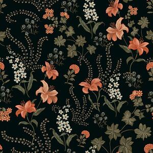 Carta da parati Gigli e piccoli fiori arancioni su sfondo nero, Parati fiori e piante classici, a00463 : Uwalls.it