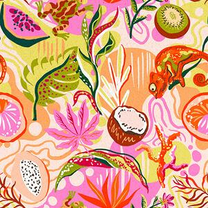 Carta da parati Frutti esotici, foglie e camaleonti in stile tropicale, Parati classici Cibo e bevande, a00469 : Uwalls.it