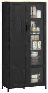 HOMCOM Mobile Dispensa Cucina in Legno a 9 Ripiani Regolabili con Ante in Vetro, 76x36x160 cm, Nero e color Legno