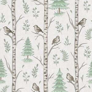 Carta da parati Betulle con uccelli in una foresta verde chiaro, Parati natura classici, a00316 : Uwalls.it