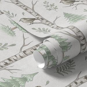 Carta da parati Betulle con uccelli in una foresta verde chiaro, Parati natura classici, a00316 : Uwalls.it