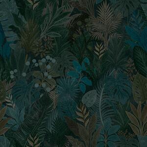Carta da parati Fogliame tropicale verde scuro con accenti blu, Parati fiori e piante classici, a00327 : Uwalls.it