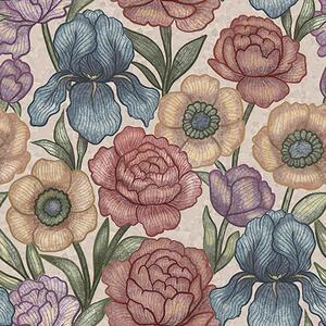 Carta da parati Grandi illustrazioni floreali con iris e peonie, Parati fiori e piante classici, a00325 : Uwalls.it