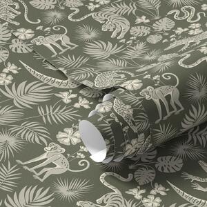 Carta da parati Silhouette di animali selvatici tra le foglie tropicali, Parati fiori e piante classici, a00404 : Uwalls.it