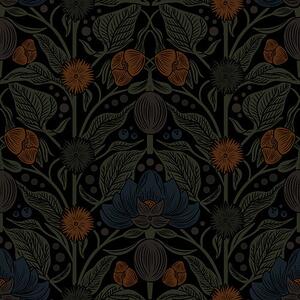 Carta da parati Ornamento floreale scuro con accenti arancioni, Parati fiori e piante classici, a00411 : Uwalls.it