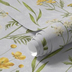 Carta da parati Fiori gialli e verde su uno sfondo grigio chiaro, Parati fiori e piante classici, a00472 : Uwalls.it
