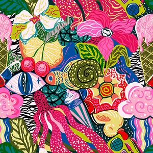 Carta da parati Pop-art astratta con fiori, bacche e disegni, Parati astratta classici, a00471 : Uwalls.it