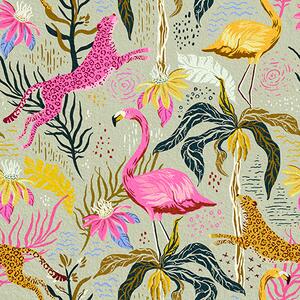 Carta da parati Fenicotteri e leopardi luminosi tra le piante tropicali, Parati natura classici, a00470 : Uwalls.it