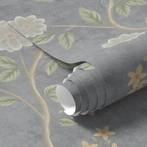 Carta da parati Uccelli su rami tra fiori su sfondo grigio, Parati fiori e piante classici, a00483 : Uwalls.it