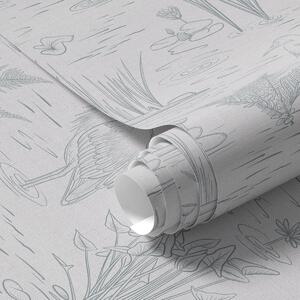 Carta da parati Disegno di aironi e piante acquatiche in calme tonalità di grigio, Parati natura classici, a00479 : Uwalls.it