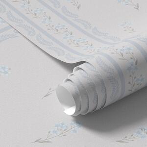 Carta da parati Sfondo bianco con fiori blu e striscia decorativa, Parati fiori e piante classici, a00484v1 : Uwalls.it