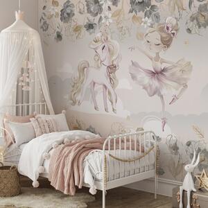 Carta da parati Un pony bianco come la neve e una ballerina tra fiori e, Carta da parati per Bambini, Carta da parati per Ragazze, w04419 : Uwalls.it