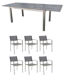 JUPITER - set tavolo in teak e acciaio cm 200/300 x 95 x 75 h con 6 sedute