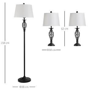 HOMCOM Set 3 Pezzi: 1 Lampada da Terra e 2 Lampade da Tavolo in Metallo, Design Vintage, Lampadine E27, Nero e Bianco