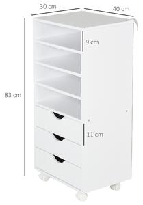 Vinsetto Cassettiera Portadocumenti da Ufficio con 4 Rotelle 4 ripiani 3 cassetti in Legno bianco 40 x 30 x 83cm