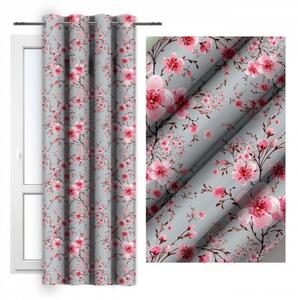 Tenda su anelli 140x250 cm bianco con mazzi di fiori rosa