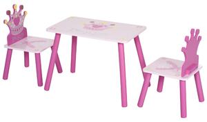 HOMCOM Set Tavolo rettangolare e 2 sedie per bambini 3-8 anni con disegno principessa, schienale forma corona, rosa, in pino MDF