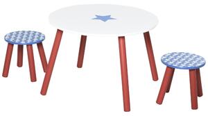 HOMCOM Set Tavolo e 2 sgabelli rotondi per bambini 3-8 anni con fantasia a stella, blu rosso bianco, in pino MDF