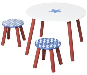 HOMCOM Set Tavolo e 2 sgabelli rotondi per bambini 3-8 anni con fantasia a stella, blu rosso bianco, in pino MDF