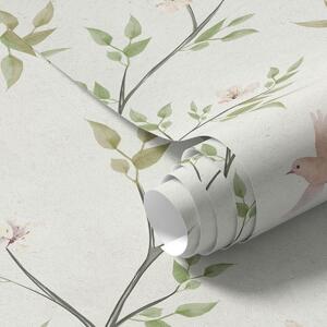 Carta da parati Rami acquerellati con foglie e uccelli su sfondo chiaro, Parati fiori e piante classici, a00496 : Uwalls.it