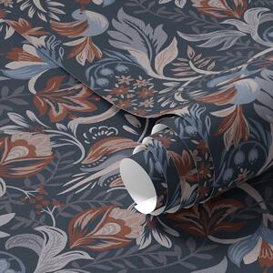Carta da parati Ornamento popolare con uccelli, indaco intenso, Parati fiori e piante classici, a00502v1 : Uwalls.it