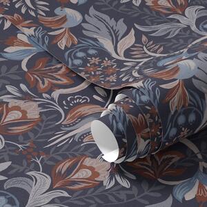 Carta da parati Fiori e uccelli folk su sfondo blu scuro, Parati fiori e piante classici, a00502 : Uwalls.it