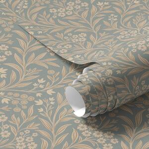 Carta da parati Stile Morris: rami beige su sfondo grigio-verde, Parati fiori e piante classici, a00569 : Uwalls.it