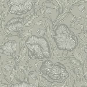 Carta da parati Papaveri disegnati su sfondo grigio-verde, Parati fiori e piante classici, a00572v1 : Uwalls.it