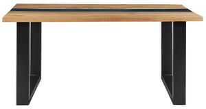 Tavolo da Pranzo in Legno Chiaro 160 x 90 cm Piano Legno Massello Base in Metallo Nero Blu Elemento in Resina Epossidica Moderna Industriale Beliani