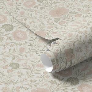 Carta da parati Stile Morris: peonie ed erbe in delicati toni di beige e verde, Parati fiori e piante classici, a00581 : Uwalls.it