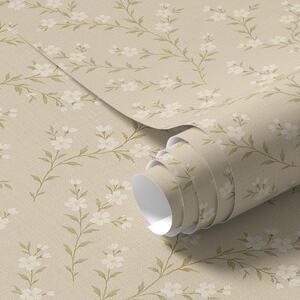 Carta da parati Piccoli rametti bianchi su sfondo di lino beige, Parati fiori e piante classici, a00584 : Uwalls.it