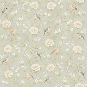 Carta da parati Uccelli tra fiori bianchi su sfondo grigio-verde, Parati fiori e piante classici, a00583 : Uwalls.it