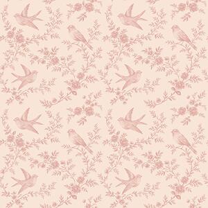 Carta da parati Uccelli e rose, motivo vintage su rosa cipria, Parati fiori e piante classici, a00587 : Uwalls.it