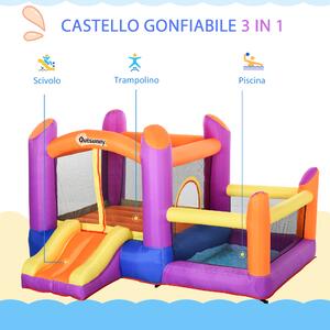 Outsunny Castello Gonfiabile Gioco per Bambini con Scivolo e Piscina per Giardino, Multicolor, 280x 250x170cm