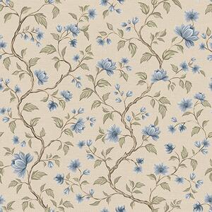 Carta da parati Rami fioriti blu su sfondo beige lino, Parati fiori e piante classici, a00590 : Uwalls.it