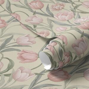 Carta da parati Tulipani rosa tenue su un delicato sfondo beige, Parati fiori e piante classici, a00589 : Uwalls.it
