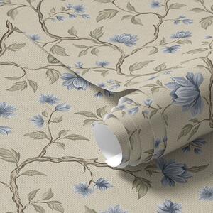 Carta da parati Rami fioriti blu su sfondo beige lino, Parati fiori e piante classici, a00590 : Uwalls.it