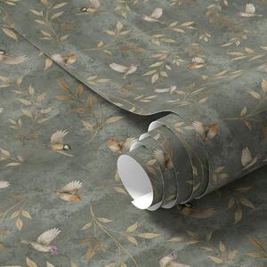 Carta da parati Uccelli tra foglie arancioni su sfondo verde intenso, Parati fiori e piante classici, a00591 : Uwalls.it