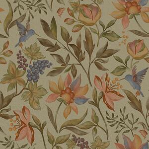Carta da parati Fiori e uccelli vintage con uva su sfondo oliva, Parati fiori e piante classici, a00594 : Uwalls.it